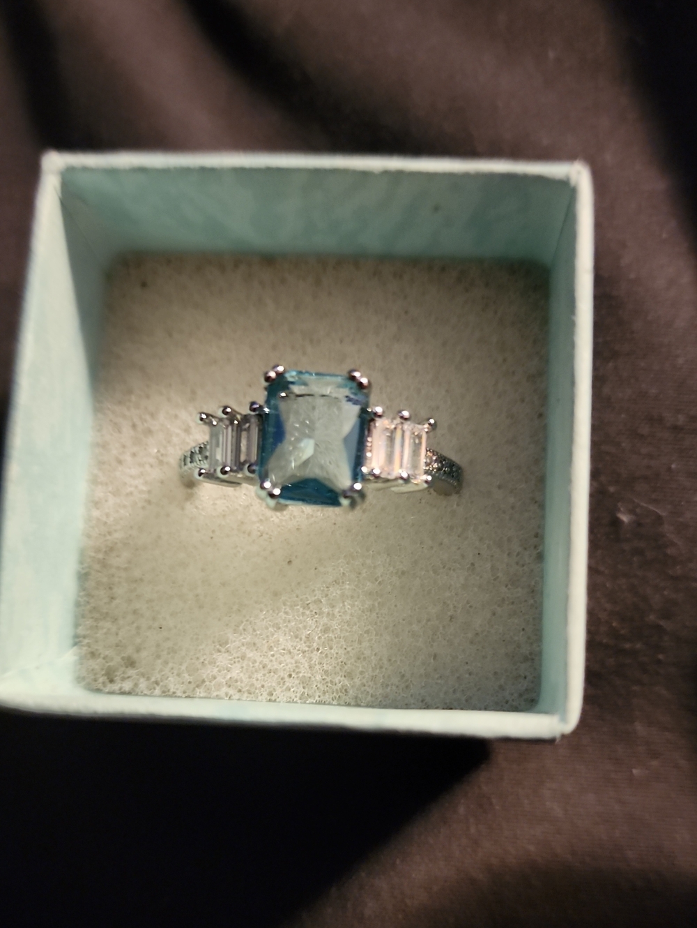 Blue Emerald-Cut Gemstone Ring with Baguette Accents Size 8!
